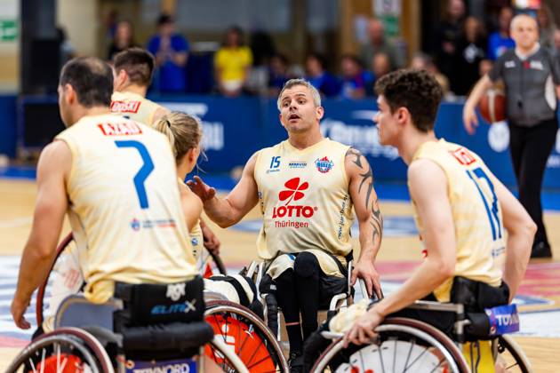 17 05 2025, GER, Wheelchair Basketball, Men Women, Season 24 25, 1 Bundesliga, PlayOff Final, RSB Thuringia Bulls RSV Lahn Dill In the picture Joakim Linden RSB Thuringia Bulls The Thuringia Bulls team beat the visiting team from RSV Lahn Dill again in the second PlayOff match to win the season 24 25 German Championship German Champion 99189 Elxleben Fit In Freizeitanlage Sporthal Thueringen Germany