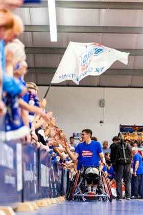 17 05 2025, GER, Wheelchair Basketball, Men Women, Season 24 25, 1 Bundesliga, PlayOff Final, RSB Thuringia Bulls RSV Lahn Dill In the picture Aliaksandr Halouski RSB Thuringia Bulls The Thuringia Bulls team beat the visiting team from RSV Lahn Dill again in the second PlayOff match to win the season 24 25 German Championship German Champion 99189 Elxleben Fit In Freizeitanlage Sporthal Thueringen Germany