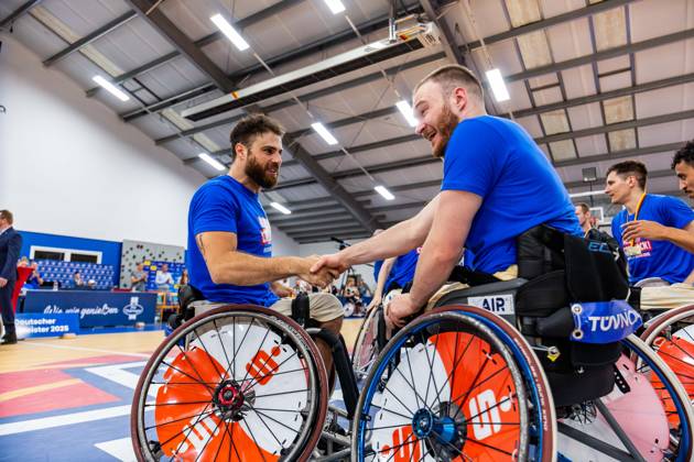 17 05 2025, GER, Wheelchair basketball, Men Women, Season 24 25, 1 Bundesliga, PlayOff Final, RSB Thuringia Bulls RSV Lahn Dill In the picture Lukas Glossner RSB Thuringia Bulls , Jordi Ruiz RSB Thuringia Bulls The Thuringia Bulls team beat the visiting team from RSV Lahn Dill again in the second PlayOff match to win the season 24 25 German Championship German Champion 99189 Elxleben Fit In Freizeitanlage Sporthal Thueringen Germany