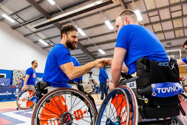 17 05 2025, GER, Wheelchair basketball, Men Women, Season 24 25, 1 Bundesliga, PlayOff Final, RSB Thuringia Bulls RSV Lahn Dill In the picture Lukas Glossner RSB Thuringia Bulls , Jordi Ruiz RSB Thuringia Bulls The Thuringia Bulls team beat the visiting team from RSV Lahn Dill again in the second PlayOff match to win the season 24 25 German Championship German Champion 99189 Elxleben Fit In Freizeitanlage Sporthal Thueringen Germany