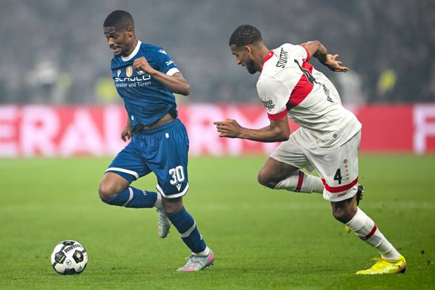 Isaiah Young DSC Arminia Bielefeld, 30 in duel with Josha Vagnoman VfB Stuttgart, 04 , GER, DSC Arminia Bielefeld vs VfB Stuttgart, Football, Men, DFB Pokal, Final, Season 2024 2025, 24 05 2025, DFB REGULATIONS PROHIBIT ANY USE OF PHOTOGRAPHS AS IMAGE SEQUENCES AND OR QUASI VIDEO GER, DSC Arminia Bielefeld vs VfB Stuttgart, Football, Men, DFB Cup, Final, Season 2024 2025, 24 05 2025, Berlin Copyright: xEibner-Pressefoto FlorianxWiegandx EP_FWD