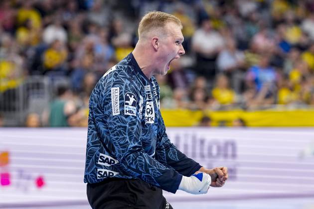 David Späth Goalkeeper, RNL, 29 , single picture, single photo, action, action, cheer, cheers, celebration, joy, rejoice, rejoicing, confident, optimistic, positive, game scene, 29 05 2025, Mannheim Germany , Handball, Bundesliga, Rhein Neckar Löwen TVB Stuttgart xozx