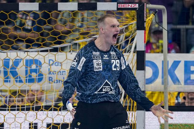 David Späth Goalkeeper, RNL, 29 , single picture, single photo, action, action, cheer, cheers, celebration, joy, rejoice, rejoicing, confident, optimistic, positive, game scene, 29 05 2025, Mannheim Germany , Handball, Bundesliga, Rhein Neckar Löwen TVB Stuttgart xozx