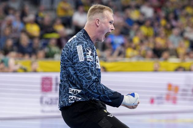 David Späth Goalkeeper, RNL, 29 , single picture, single photo, action, action, cheer, cheers, celebration, joy, rejoice, rejoicing, confident, optimistic, positive, game scene, 29 05 2025, Mannheim Germany , Handball, Bundesliga, Rhein Neckar Löwen TVB Stuttgart xozx