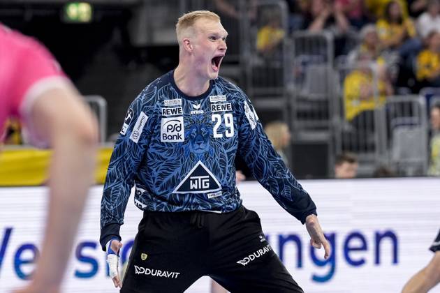 David Späth Goalkeeper, RNL, 29 , single picture, single photo, action, action, cheer, cheers, celebration, joy, rejoice, rejoicing, confident, optimistic, positive, game scene, 29 05 2025, Mannheim Germany , Handball, Bundesliga, Rhein Neckar Löwen TVB Stuttgart xozx