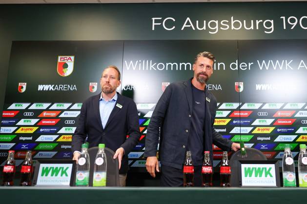 , Managing Director Finance Michael Stroell FC Augsburg , Presentation Head Coach Sandro Wagner, FC Augsburg, Football, 1 Bundesliga, 07 07 2025 DFB regulations prohibit any use of photographs as image sequences and or quasi video Augsburg Bayern Germany Copyright: xkolbert-press ChristianxKolbertx