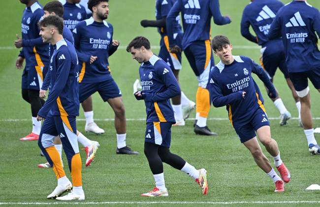 Training session of Real Madrid MADRID, SPAIN - FEBRUARY 28: Raul Asencio (L), Brahim Diaz (C) and Arda Guler (R) of Real Madrid attend training session at Valdebebas facilities ahead of LaLiga 26th week football match against Real Betis in Madrid, Spain on February 28, 2025. Madrid Spain. Editorial use only. Please get in touch for any other usage. Copyright: x2025xAnadoluxBurakxAkbulutx