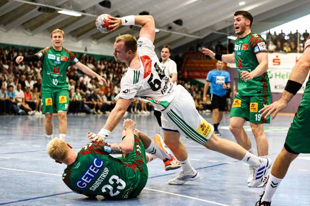 Justus Fischer TSV Hannover Burgdorf,54 1 Handball Bundesliga Season 2025 2026 Test match HG 85 Köthen vs SC Magdeburg in the Heinz Fricke sports hall in Köthen Action,Handball,Man,Men,Germany,02 08 2025