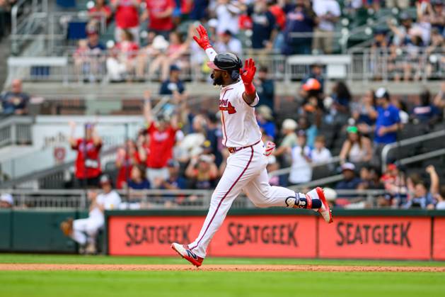 Atlanta Braves center fielder Michael Harris II (23) celebrates after hitting a home run during a game against the Miami Marlins at Truist Park in Marietta, Georgia on Sunday, August 10, 2025. Jen Pawol, a minor-league umpire since 2016, makes her major-league debut on Saturday, making her the first female umpire in regular-season MLB, Baseball Herren, USA history.  ATL20250810152 JulianxAlexander