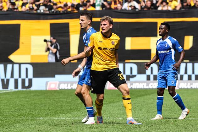 Christoph Daferner SG Dynamo Dresden,33 vs Andi Hoti 1 FC Magdeburg,3 and Lubambo Musonda 1 FC Magdeburg,19 2 Soccer Bundesliga Season 2025 2026 SG Dynamo Dresden vs 1 FC Magdeburg at Rudolf Harbig Stadium in Dresden Action,Soccer,Man,Men,Germany,09 08 2025