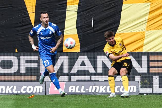 Alexander Rossipal SG Dynamo Dresden,19 vs Falko Michel 1 FC Magdeburg,21 2 Soccer Bundesliga Season 2025 2026 SG Dynamo Dresden vs 1 FC Magdeburg at Rudolf Harbig Stadium in Dresden Action,Soccer,Man,Men,Germany,09 08 2025