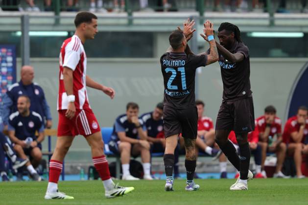 Napoli™s Matteo Politano celebrates after scoring goal 1-0 during the friendly match Napoli and Olympiakos at the Teofilo Patini Stadium in Castel Di Sangro, Central Southern Italy - Thursday, August 14 , 2025. -Soccer . Copyright: xAlessandroxGarofalo LaPressex