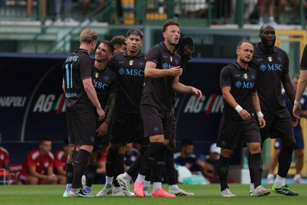 Napoli™s Matteo Politano celebrates after scoring goal 1-0 during the friendly match Napoli and Olympiakos at the Teofilo Patini Stadium in Castel Di Sangro, Central Southern Italy - Thursday, August 14 , 2025. -Soccer . Copyright: xAlessandroxGarofalo LaPressex