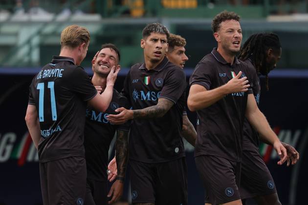 Napoli™s Matteo Politano celebrates after scoring goal 1-0 during the friendly match Napoli and Olympiakos at the Teofilo Patini Stadium in Castel Di Sangro, Central Southern Italy - Thursday, August 14 , 2025. -Soccer . Copyright: xAlessandroxGarofalo LaPressex