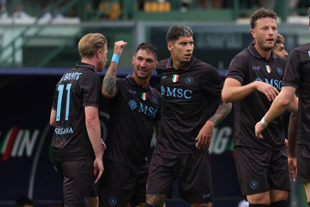 Napoli™s Matteo Politano celebrates after scoring goal 1-0 during the friendly match Napoli and Olympiakos at the Teofilo Patini Stadium in Castel Di Sangro, Central Southern Italy - Thursday, August 14 , 2025. -Soccer . Copyright: xAlessandroxGarofalo LaPressex