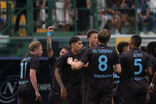 Napoli™s Matteo Politano celebrates after scoring goal 1-0 during the friendly match Napoli and Olympiakos at the Teofilo Patini Stadium in Castel Di Sangro, Central Southern Italy - Thursday, August 14 , 2025. -Soccer . Copyright: xAlessandroxGarofalo LaPressex