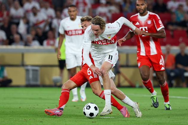 in duel, action, with Joshua Kimmich 6 FC Bayern Muenchen , Nick Woltemade 11 VfB Stuttgart , VfB Stuttgart vs FC Bayern Muenchen, Football, Franz Beckenbauer Supercup, 16 08 2025 Stuttgart Baden Wuerttemberg Germany Copyright: xkolbert-press ChristianxKolbertx
