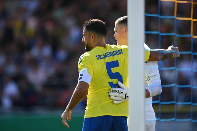 from l Ibrahim TEMIN SV Atlas Delmenhorst and goalkeeper Damian SCHOBERT SV Atlas Delmenhorst Soccer, DFB Cup, 1 Main Round, SV Atlas Delmenhorst Borussia Moenchengladbach MG 2 3 on 17 08 2025 at Marschwegstadion in Oldenburg Germany Â