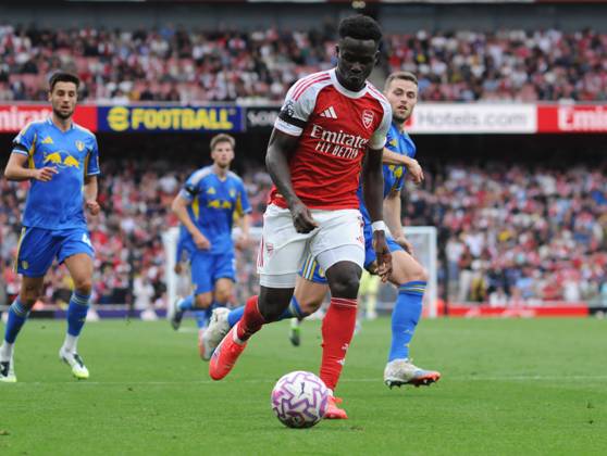 Football - 2025 2026 Premier League - Arsenal vs Leeds United - Emirates Stadium - Saturday 23rd August 2025 Bukayo Saka of Arsenal runs through to score goal no 2