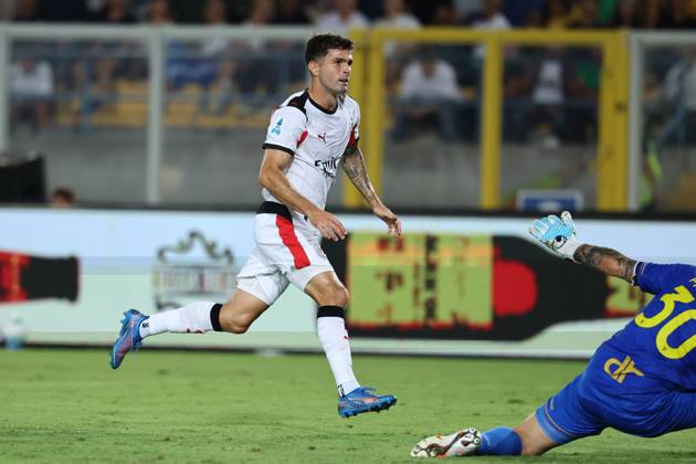 Christian Pulisic of AC Milan scores the goal of 0-2 during the Serie A football match between US Lecce and AC Milan at Ettore Giardiniero - via del Mare stadium in Lecce (Italy), August 29th, 2025. CesarexPurini