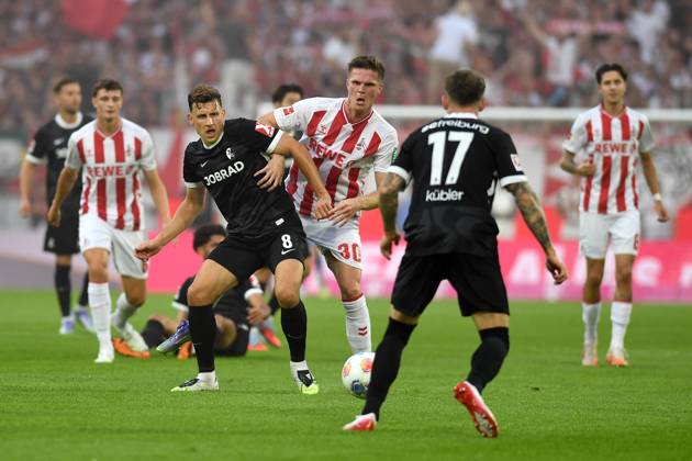 Maximilian Eggestein SC Freiburg and Marius Buelter 1 FC Koeln battle for the ball during the Bundesliga match between 1 FC Köln and SC Freiburg at Rhein Energie Stadion on August 31, 2025 in Cologne, Germany, Germany Photo by Ralf Treese DeFodi Images Maximilian Eggestein SC Freiburg and Marius Buelter 1 FC Koeln battle for the ball during the Bundesliga match between 1 FC Köln and SC Freiburg at Rhein Energie Stadion on August 31, 2025 in Köln, Germany Photo by Ralf Treese DeFodi Images DFL regulations prohibit any use of photographs as image sequences and or quasi video Photo by Ralf Treese DeFodi Images