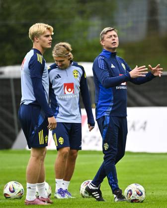 STOCKHOLM, SWEDEN 20250901 Swedish national team captain Jon Dahl Tomasson and players Lucas Bergvall, Sebastian Nanasi and Anthony Elanga during a training session as the Swedish men s national team gathers for upcoming World Cup qualifiers against Slovenia and Kosovo STOCKHOLM SWEDEN x10040x  Copyright: xAndersxWiklund TTx NATIONAL FOOTBALL TEAM COLLECTION