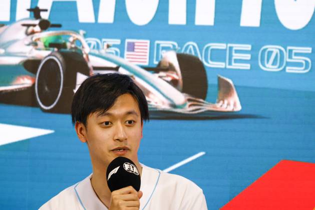 Drivers press conference, PK, Pressekonferenz held in Florida ahead of the F1 Grand Prix of Miami MIAMI GARDENS, FLORIDA, UNITED STATES - MAY 4: Driver Zhou Guanyu of Oracle Alfa Romeo F1 Team speaks during a drivers press conference ahead of the F1 Grand Prix of Miami at the Miami International Autodrome on May 04, 2023 in Miami Gardens, Florida, United States. Florida United States. Editorial use only. Please get in touch for any other usage.  Copyright: x2025xAnadoluxEvaxMariexUzcategulxTx