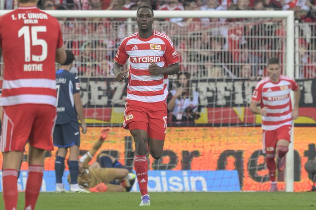 in the picture v l goal, hit, jubilation, goal celebration, joy, enthusiasm, celebrates, after 1 2, Ilyas Ansah 1 FC Union , GER, Berlin, 1 FC Union Berlin vs TSG Hoffenheim, 1 Bundesliga, football, DFB, season 2025 2026, Alte Foersterei, matchday, DFB DFL REGULATIONS PROHIBIT ANY USE OF PHOTOGRAPHS AS IMAGE SEQUENCES AND OR QUASI VIDEO, 13 09 25, Copyright: HMBxMedia UwexKoch