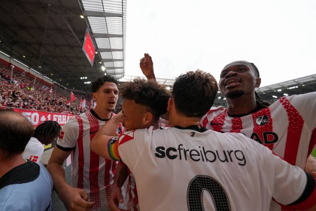 Goal celebration, Emotions, Goal shot, Goal success, Goal, Goal, Germany, Football, 1 Bundesliga, Matchday 3, 2025 2026, SC Freiburg vs VfB Stuttgart, 13 09 2025, Europa Park Stadion, Freiburg, Germany DFL REGULATIONS PROHIBIT ANY USE OF PHOTOGRAPHS AS IMAGE SEQUENCES AND OR QUASI VIDEO Freiburg Europa Park Stadion Baden Württemberg Germany Copyright: xArnexAmbergx