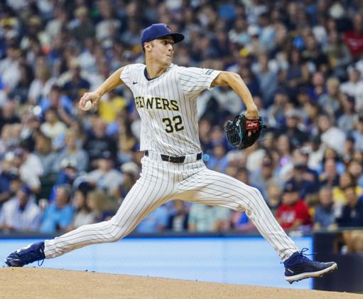 Milwaukee Brewers starting pitcher Jacob Misiorowski throws in the first inning of the MBL game between the St. Louis Cardinals and the Milwaukee Brewers at American Family Field in Milwaukee, Wisconsin on Saturday, September 13, 2025. MIL20250913803 TANNENxMAURY
