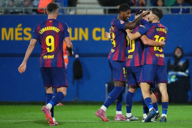ESP: FC Barcelona, Barca - Getafe CF. La Liga EA Sports. Date 5 FC Barcelona players celebrating goal during the La Liga EA Sports match between FC Barcelona - Getafe CF played at Johan Cruyff Stadium on September 21, 2025 in Barcelona. kpng Copyright: xBaguxBlancox xPRESSINx PS_00223