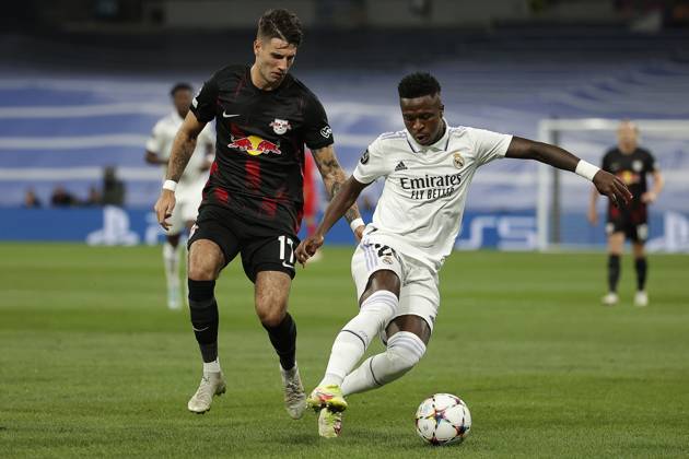 Real Madrid v RB Leipzig - UEFA Champions League MADRID, SPAIN - SEPTEMBER 14: Vinicius Junior (R) of Real Madrid in action against Dominik Szoboszlai (L) of RB Leipzig during the UEFA Champions League Group F soccer match between Real Madrid and RB Leipzig at Santiago Bernabeu stadium in Madrid, Spain on 14 September 2022. Madrid Spain. Editorial use only. Please get in touch for any other usage. Copyright: x2025xAnadoluxBurakxAkbulutx