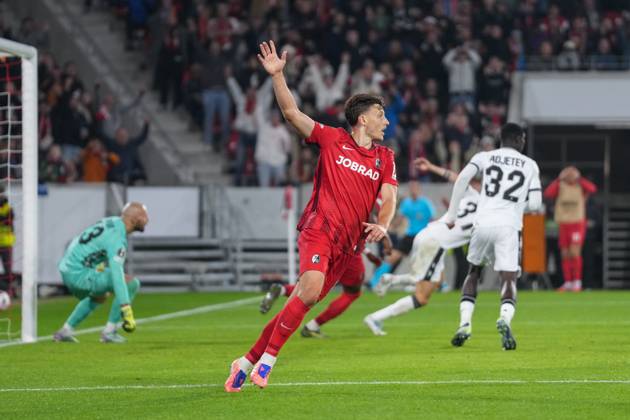 Maximilian Eggestein SC Freiburg, 08 goal celebration, emotions, goal shot, goal, goal, goal, Germany, football, UEFA Europa League, 1 matchday, league phase, 2025 2026, SC Freiburg vs FC Basel, 24 09 2025, Europa Park Stadion, Freiburg, Germany Freiburg Europa Park Stadion Baden Württemberg Germany Copyright: xArnexAmbergx