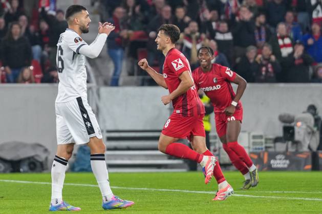 Maximilian Eggestein SC Freiburg, 08 goal celebration, emotions, goal shot, goal, goal, goal, Germany, football, UEFA Europa League, 1 matchday, league phase, 2025 2026, SC Freiburg vs FC Basel, 24 09 2025, Europa Park Stadion, Freiburg, Germany Freiburg Europa Park Stadion Baden Württemberg Germany Copyright: xArnexAmbergx
