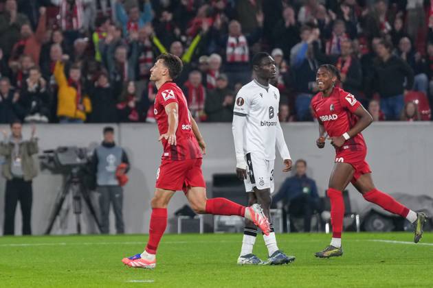 Maximilian Eggestein SC Freiburg, 08 goal celebration, emotions, goal shot, goal, goal, goal, Germany, football, UEFA Europa League, 1 matchday, league phase, 2025 2026, SC Freiburg vs FC Basel, 24 09 2025, Europa Park Stadion, Freiburg, Germany Freiburg Europa Park Stadion Baden Württemberg Germany Copyright: xArnexAmbergx