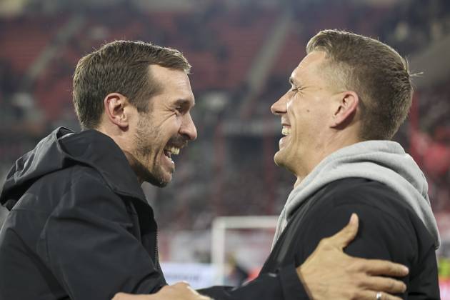 Julian Schuster SC Freiburg, Coach and Nils Petersen former player of SC Freiburg , Germany, Football, UEFA Europa League, 1 Matchday, 2025 2026, SC Freiburg vs FC Basel, 24 09 2025, Stadion am Wolfswinkel, Freiburg im Breisgau, Germany Freiburg im Breisgau Stadion am Wolfswinkel Baden Württemberg Germany Copyright: xGrantxHubbsx