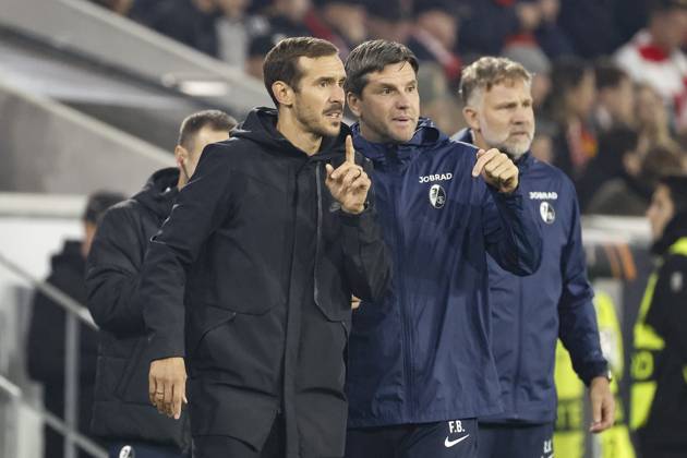 Julian Schuster SC Freiburg, Coach and Florian Bruns SC Freiburg, Co-Coach , Germany, Football, UEFA Europa League, Matchday 1, 2025 2026, SC Freiburg vs FC Basel, 24 09 2025, Stadion am Wolfswinkel, Freiburg im Breisgau, Germany Freiburg im Breisgau Stadion am Wolfswinkel Baden Württemberg Germany Copyright: xGrantxHubbsx