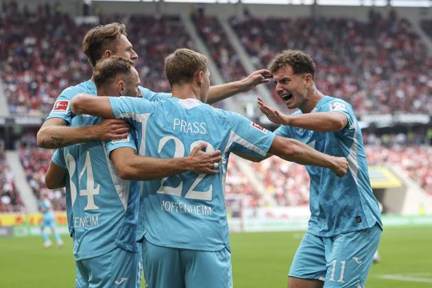 Goal celebration TSG Hoffenheim at 1 1 by Fisnik Asllani TSG Hoffenheim, 11 , Germany, Soccer, 1 Bundesliga, Matchday 5, 2025 2026, SC Freiburg vs TSG 1899 Hoffenheim, 28 09 2025, Europa Park Stadion, Freiburg im Breisgau, Germany Freiburg im Breisgau Europa Park Stadion Baden Württemberg Germany Copyright: xGrantxHubbsx