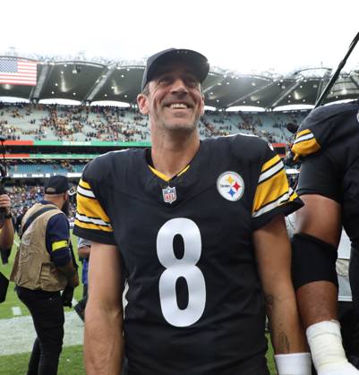 Pittsburgh Steelers Quarterback Aaron Rodgers smiles after victory in their match against the Minnesota Vikings at Croke Park in Dublin, Ireland on Sunday September 28, 2025. The Steelers won the match 24-21.  LON20250928120 HUGOxPHILPOTT