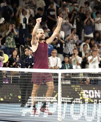 Tennis: Japan Open Carlos Alcaraz of Spain reacts after defeating Brandon Nakashima of the United States in the men s singles quarterfinals of the Japan Open tennis tournament at Ariake Tennis Park in Tokyo on Sept. 28, 2025. A14AA0004889988P