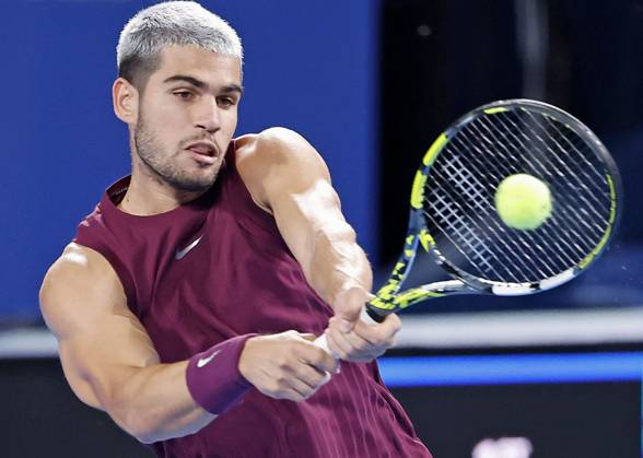 Tennis: Japan Open Carlos Alcaraz of Spain plays against Zizou Bergs of Belgium in the men s singles second-round match at the Japan Open tennis tournament at Ariake Tennis Park in Tokyo on Sept. 27, 2025. A14AA0004889999P