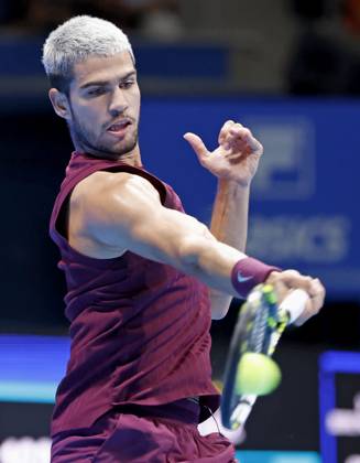 Tennis: Japan Open Carlos Alcaraz of Spain plays against Taylor Fritz of the United States in the men s singles final at the Japan Open tennis tournament at Ariake Coliseum in Tokyo on Sept. 30, 2025. A14AA0004897118P
