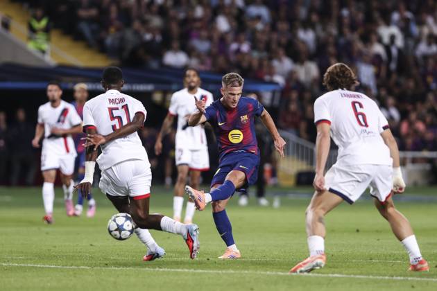 October 1, 2025, Barcelona, Barcelona, SPAIN: Dani Olmo of FC Barcelona, Barca in action during the UEFA Champions League 2025 26 League Phase MD2, match between FC Barcelona and Paris Saint-Germain at Estadi Olimpic Lluis Companys on October 01, 2025 in Barcelona, Spain. Barcelona SPAIN - ZUMAa181 20251001_zaa_a181_047 Copyright: xJavierxBorregox