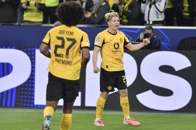Daniel Svensson Dortmund 24 celebrates after scoring 1 0 01 04 2025 Soccer, Champions League, Borussia Dortmund vs Athletic Club de Bilbao, Signal Iduna Park, Dortmund, Copyright: xpepphotox xSaschaxWeizx pep00321, pep_20250415_hm_150979