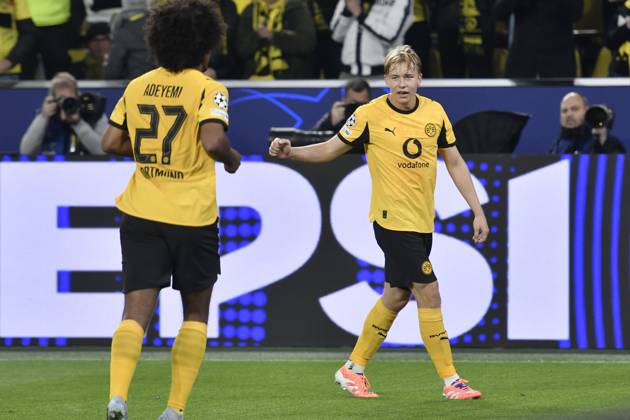 Daniel Svensson Dortmund 24 celebrates after scoring the 1-0 goal with Karim Adeyemi Dortmund 27 01 04 2025 Soccer, Champions League, Borussia Dortmund vs Athletic Club de Bilbao, Signal Iduna Park, Dortmund, Copyright: xpepphotox xSaschaxWeizx pep00321, pep_20250415_hm_150983