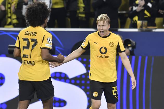 Daniel Svensson Dortmund 24 celebrates after scoring the 1-0 goal with Karim Adeyemi Dortmund 27 01 04 2025 Soccer, Champions League, Borussia Dortmund vs Athletic Club de Bilbao, Signal Iduna Park, Dortmund, Copyright: xpepphotox xSaschaxWeizx pep00321, pep_20250415_hm_150988
