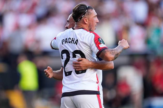 October 2, 2025, Madrid, Madrid, Spain: Alvaro Garcia and Alfonso Espino of Rayo Vallecano celebrates a goal scored by Unai Lopez of Rayo Vallecano during the UEFA Conference League 2025 26 League Phase MD1 match between Rayo Vallecano and KF Shkendija at Estadio de Vallecas on October 2, 2025, in Madrid, Spain. Madrid Spain - ZUMAa181 20251002_zaa_a181_019 Copyright: xDennisxAgyemanx