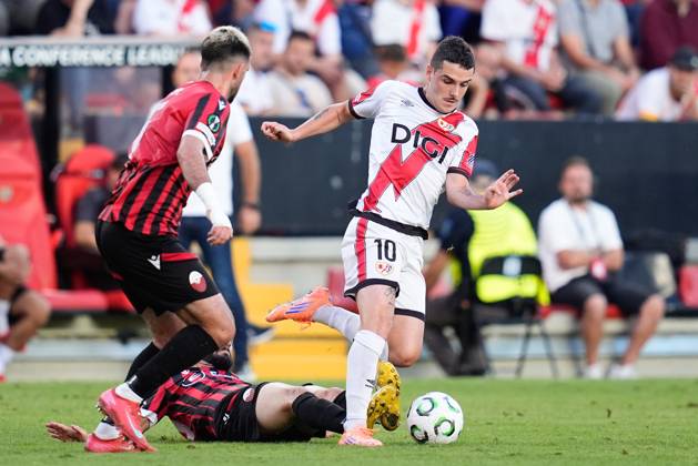 October 2, 2025, Madrid, Madrid, Spain: Sergio Camello of Rayo Vallecano and Kamer Qaka of KF Shkendija compete for the ball during the UEFA Conference League 2025 26 League Phase MD1 match between Rayo Vallecano and KF Shkendija at Estadio de Vallecas on October 2, 2025, in Madrid, Spain. Madrid Spain - ZUMAa181 20251002_zaa_a181_036 Copyright: xDennisxAgyemanx