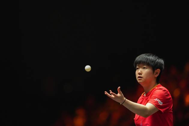 (251003) -- BEIJING, Oct. 3, 2025 -- Sun Yingsha reacts during the women s singles quarterfinal match between Sun Yingsha of China and Wang Yidi of China at 2025 World Table tennis, Tischtennis (WTT) China Smash in Beijing, China, Oct. 3, 2025. ) (SP)CHINA-BEIJING-TABLE TENNIS-WTT-CHINA SMASH-WOMEN S SINGLES-QUARTERFINAL (CN) JuxHuanzong