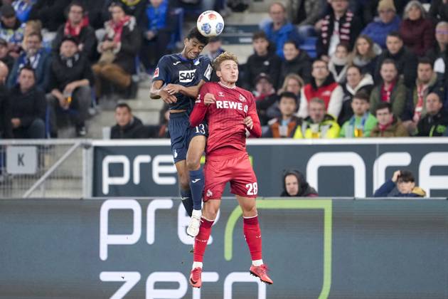 from left Bernardo Fernandes da Silva Junior Hoffenheim, 13 , Sebastian Sebulonsen Cologne, 28 , header, header duel, game scene, duel in the air, action, action, 03 10 2025, Sinsheim Germany , Football, Bundesliga, TSG 1899 Hoffenheim 1 FC Köln, DFB DFL REGULATIONS PROHIBIT ANY USE OF PHOTOGRAPHS AS IMAGE SEQUENCES AND OR QUASI VIDEO xozx
